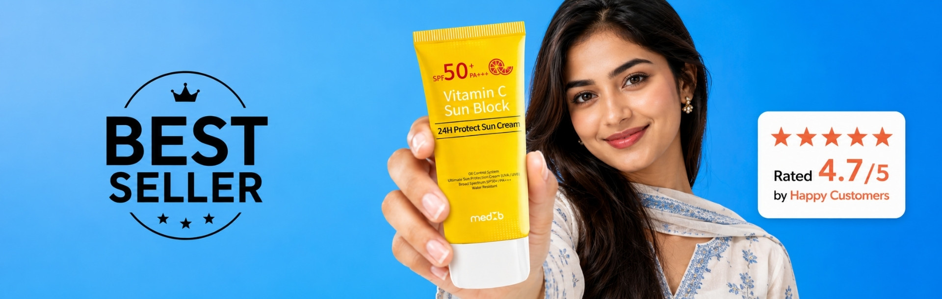 A woman holds a tube of MedB sun cream, promoting K-Beauty skincare in Bangladesh.