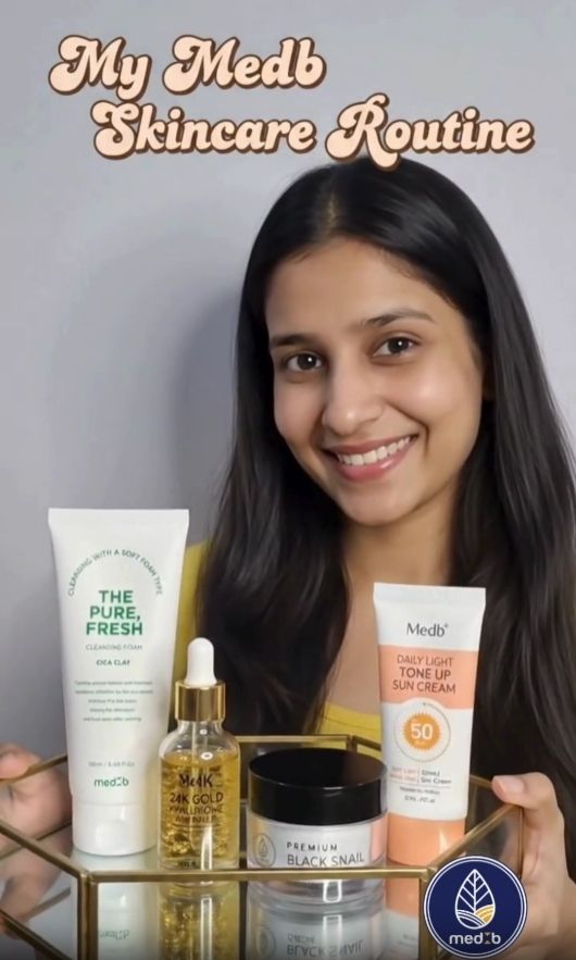 A flat lay of MedB skincare products arranged neatly, showcasing a daily skincare routine for healthy, glowing skin.