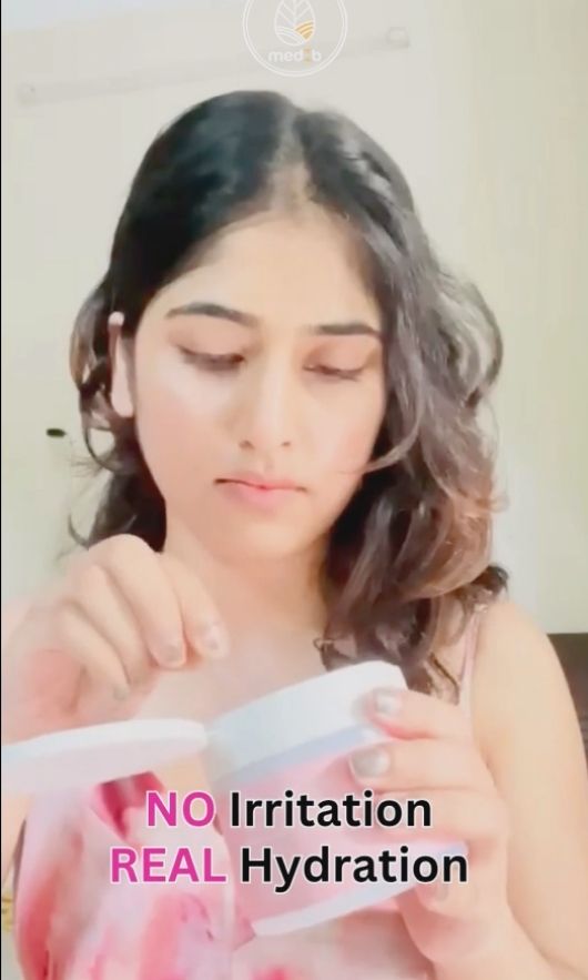A woman holds a water bottle, promoting "No Irritation, Real Hydration" for MedB's K-Beauty products in Bangladesh.