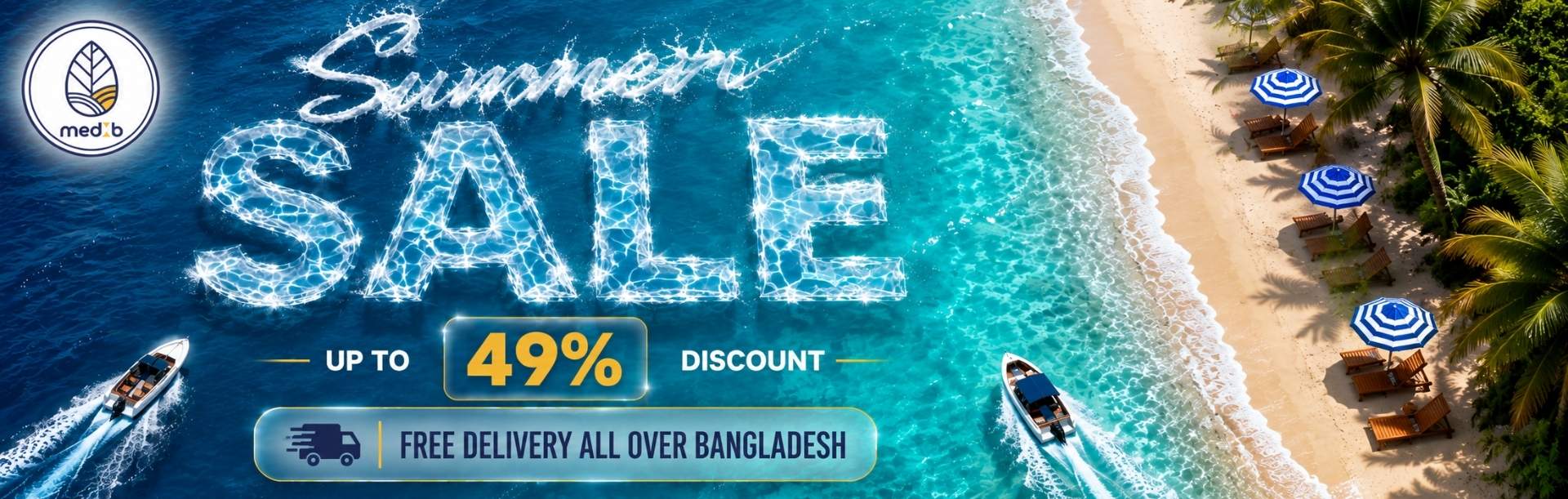 Summer sale banner for MedB Bangladesh, promoting K-Beauty products with vibrant beach imagery and discount details.