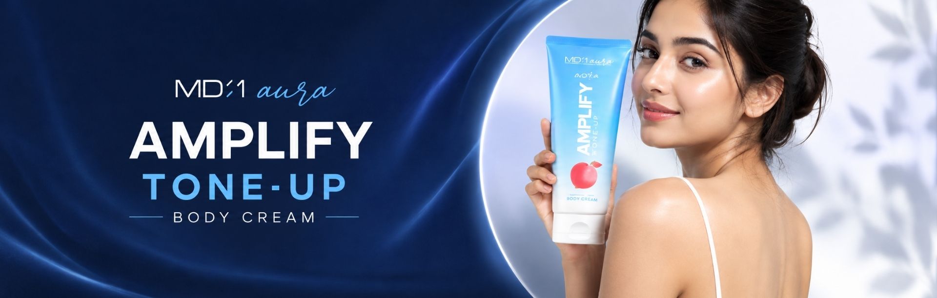 Woman holding a bottle of MedB ampify tone-up body cream, promoting K-Beauty skincare in Bangladesh.
