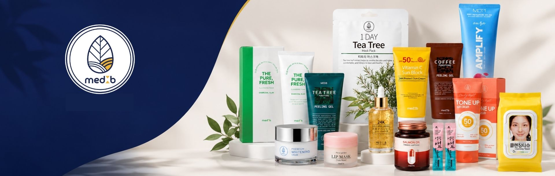 MedB Bangladesh logo with K-Beauty products displayed, showcasing their role as the sole distributor in Bangladesh.